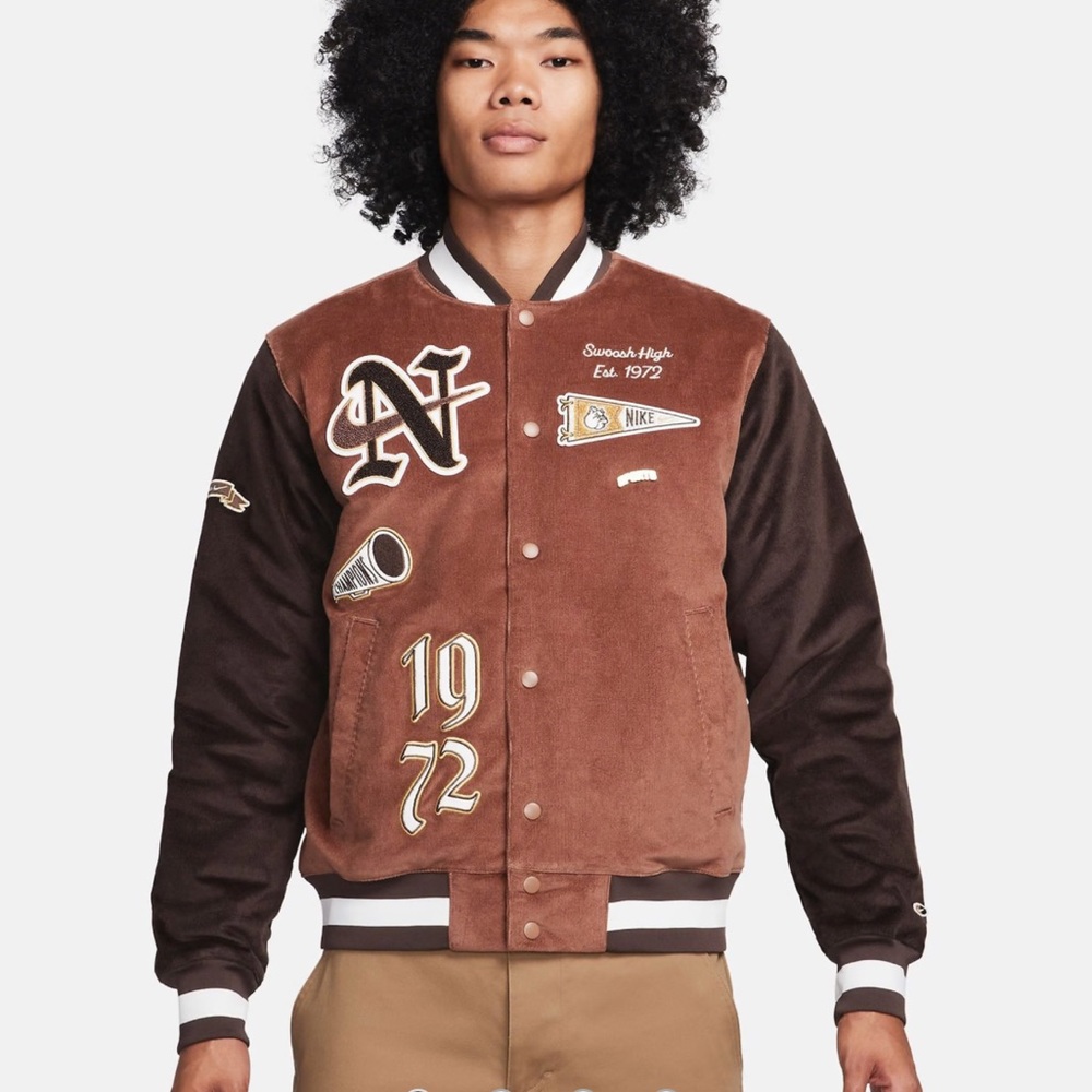 Nike Swoosh corduroy bomber jacket in brown Size L NWT